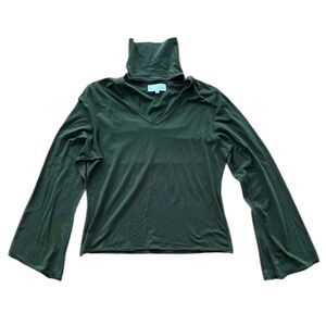 Soft Surroundings Green Cut Out Mock Neck Long Sleeve Cotton Blend Top Size L